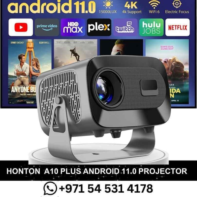 HONTON A10 PLUS Android 11.0 Projector with Duel WiFi-6, 360° Angle 4K Supported Electric Focus Projector in Dubai