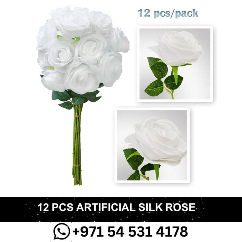 12 PCS Artificial Flowers Roses Silk Flowers Fake Long Stem Artificial Roses for -Home Wedding Bathroom Kitchen Decorations (White)