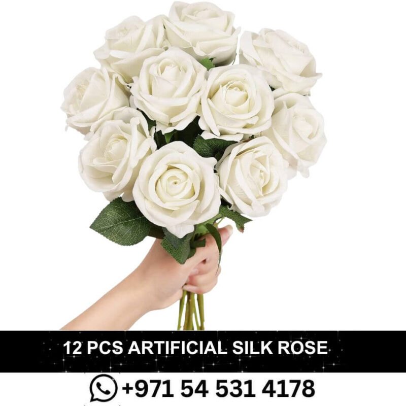 12 PCS Artificial Flowers Roses Silk Flowers Fake Long Stem Artificial Roses for Home Wedding Bathroom- Kitchen Decorations (White)