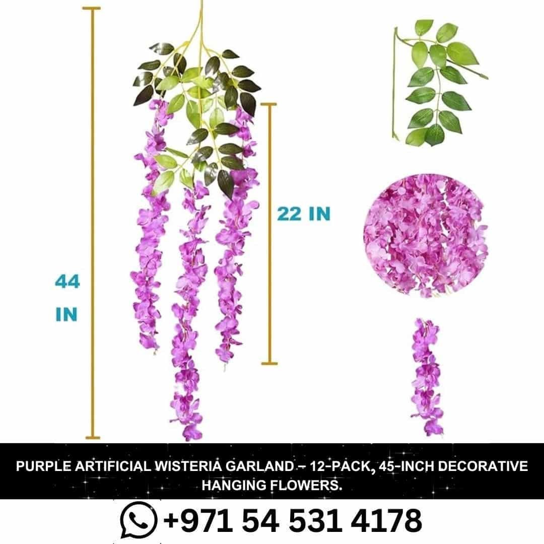 12-Pack 45-Inch Dense Wisteria Artificial Silk Vine Garland - Purple Hanging Flowers for Wedding Party Garden Outdoor Home in Duba.