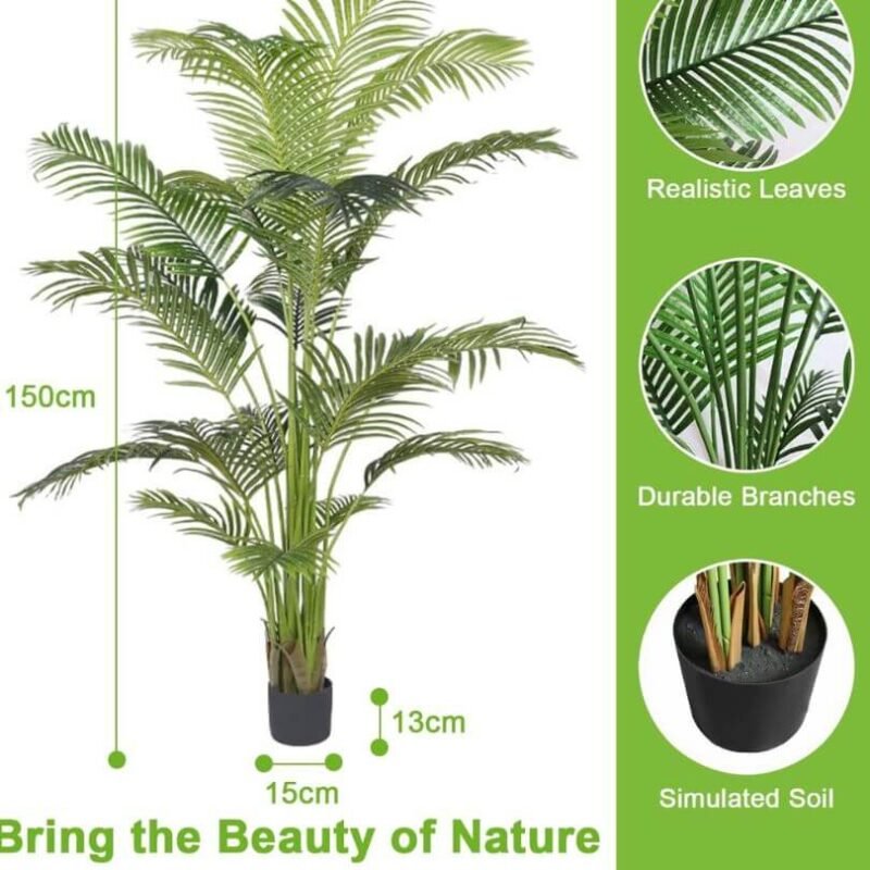 _ 150cm High Faux Tropical Palm Plant Artificial Tree Fake Areca Palm Tree Dypsis Lutescens Plants Realistic Decorative Trees with Lifelike- Leaves and Branches in Nursery Pot