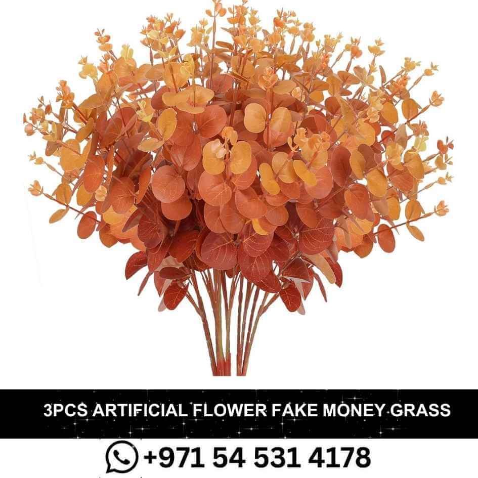 _3PCS Artificial Flower Fake Money Grass Eucalyptus Leaves Branches Bulk Fall Orange Faux Greenery Stems Touch Branches for Hom