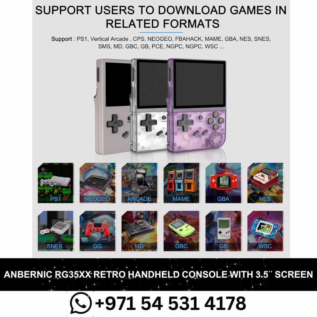 Anbernic RG35XX Retro Handheld Console with a 3.5” IPS screen, 64GB storage, and 5474 classic games, displayed with HDMI and TV output support.