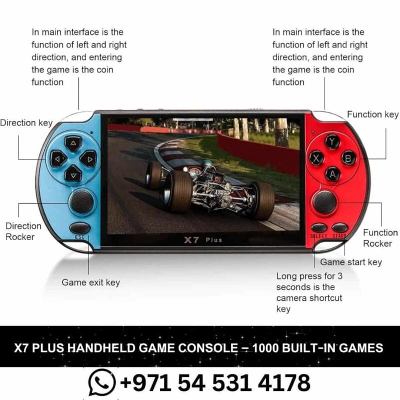 Portable X7 Plus Handheld Game Console with red and blue design, 8GB memory, and MP5 game controller.